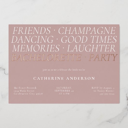 Invitation En Aluminium Moderne Blush Pink Fun Words Bachelorte (Recto)