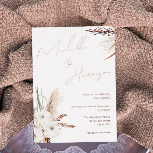 Invitation En Aluminium Moderne Boho Blanc Floral Script Mariage Rose Gold