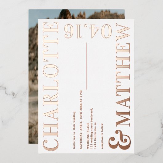Invitation En Aluminium Moderne bold noms blanc mariage photo rose or (Recto/Verso)