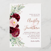 Invitation En Aluminium Moderne Bourgogne Floral Verdure Mariage Rose or  (Recto)