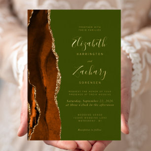 Invitation En Aluminium Moderne Burning Orange Agate Olive Green Mariage