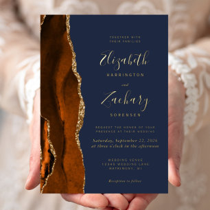 Invitation En Aluminium Moderne Burnt Orange Agate Marine Mariage bleu