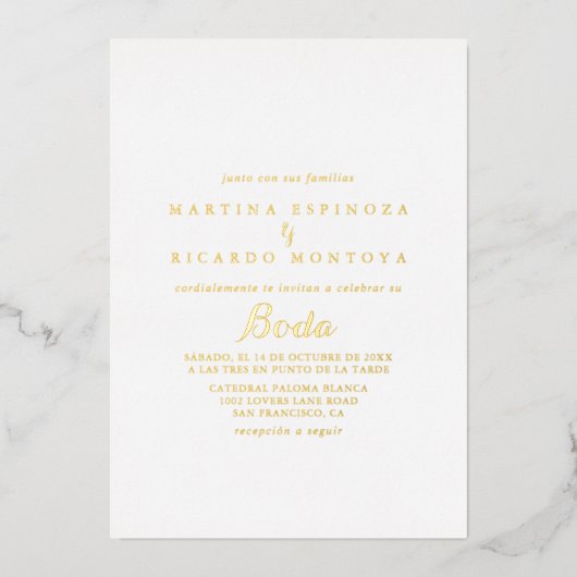 Invitation En Aluminium Moderne Calligraphie espagnol Mariage or (Recto)