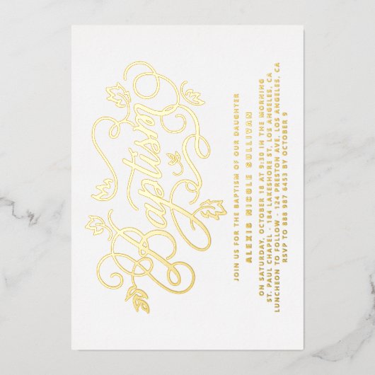 Invitation En Aluminium Moderne Calligraphie Feuillage Lettres Baptême (Recto)