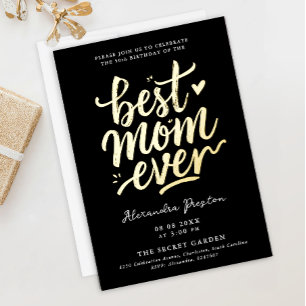 Invitation En Aluminium Moderne Chic Black Best Mom 50th Gold Brush Script