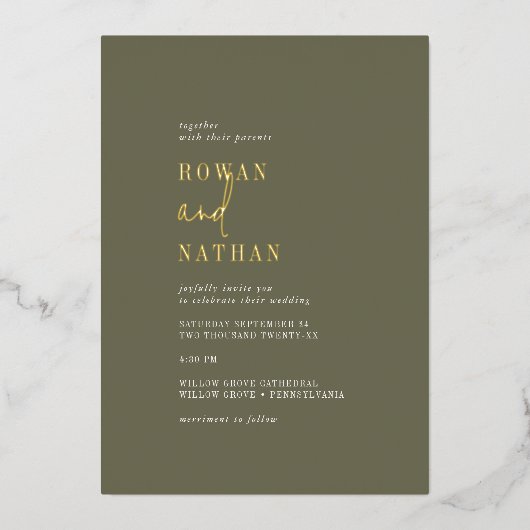 Invitation En Aluminium Moderne Chic Gold Foil Olive Green Mariage Décontr (Recto)