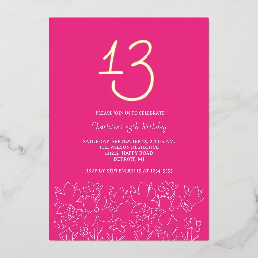 Invitation En Aluminium Moderne Cute Fleur sauvage 13e anniversaire (Recto)