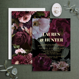 Invitation En Aluminium Moderne Dark Moody Bourgogne Floral Mariage Gold