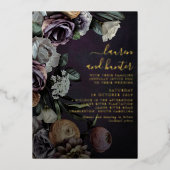 Invitation En Aluminium Moderne Dark Moody Purple Floral Mariage Gold (Recto)