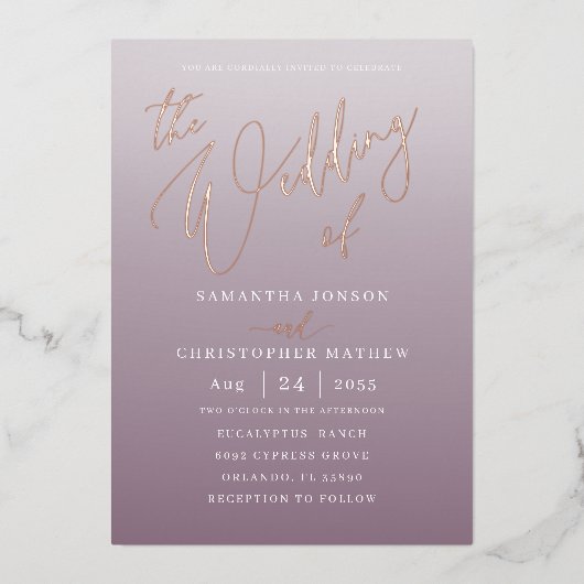 Invitation En Aluminium Moderne Deep Mauve Gradient Le Mariage De (Recto)