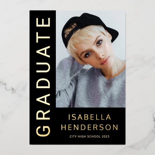 Invitation En Aluminium Moderne Design 2 Photo Graduation Black Gold (Recto)