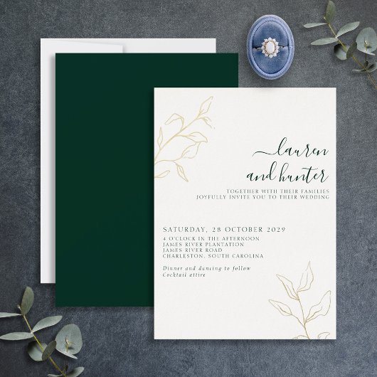 Invitation En Aluminium Moderne Écriture Vert Émeraude Botanique Mariage O