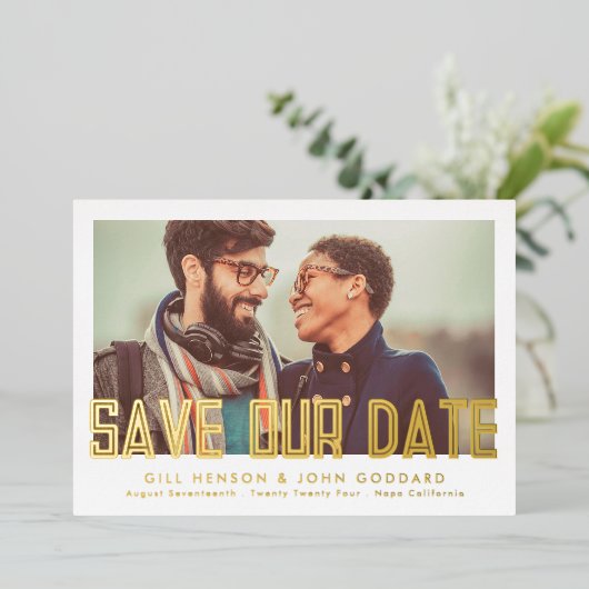 Invitation En Aluminium Moderne Editable Gras Photo Enregistrer La Date Or (Debout devant)