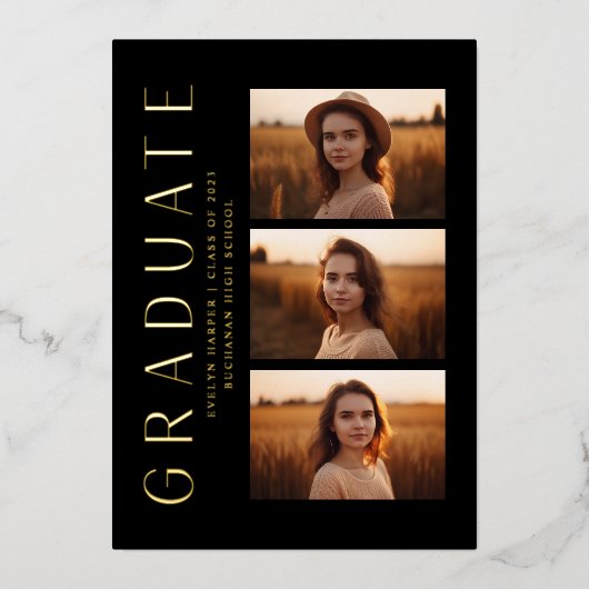 Invitation En Aluminium Moderne Elegant Black 4 Photo Graduation Party (Recto)
