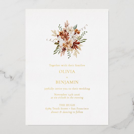 Invitation En Aluminium Moderne Elégant Botanique Bourgogne Mariage Bouque (Recto)