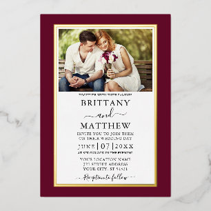 Invitation En Aluminium Moderne Élégant Bourgogne Photo Mariage Or