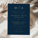 Invitation En Aluminium Moderne Elegant Marine et Mariage de Monogramme Or<br><div class="desc">Célébrez votre mariage avec cette invitation moderne minimaliste qui présente vos initiales monogrammes et les détails mariages en lettrage or élégant. De beaux accents de script de calligraphie ajoutent une touche romantique et intemporelle. L'arrière - plan de marine riche est entièrement personnalisable : choisissez n'importe quelle couleur pour correspondre parfaitement...</div>