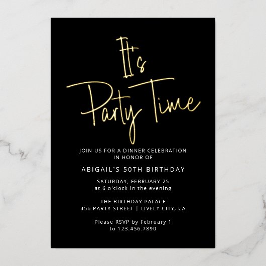 Invitation En Aluminium Moderne Elegant Noir & Or Anniversaire Fête Heure (Recto)