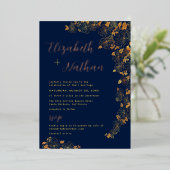 Invitation En Aluminium Moderne Elegant or Floral Mariage bleu marine (Debout devant)