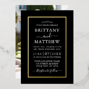 Invitation En Aluminium Moderne Élégant Photo Mariage Noir Or