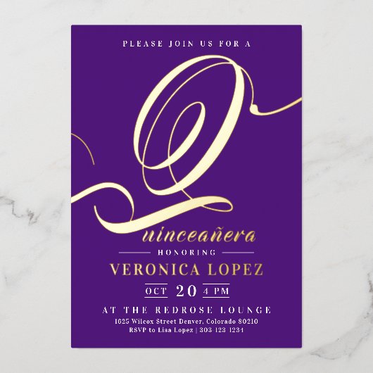 Invitation En Aluminium Moderne Elegant Purple 15ème Quinceañera Party (Recto)