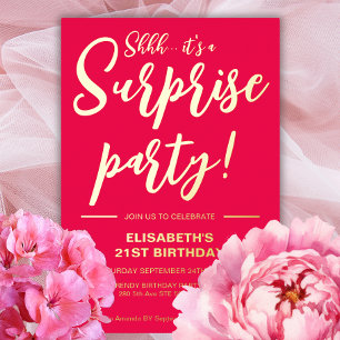 Invitation En Aluminium Moderne Élégant Rouge&Or 21e Anniversaire Surprise