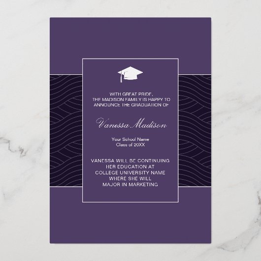 Invitation En Aluminium Moderne | Élégant Script 1 Photo Foil Grad Card (Verso)