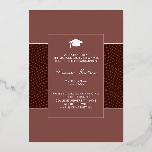 Invitation En Aluminium Moderne | Élégant Script 1 Photo Foil Grad Card (Verso)