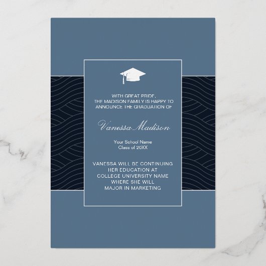 Invitation En Aluminium Moderne | Élégant Script 1 Photo Foil Grad Card (Verso)