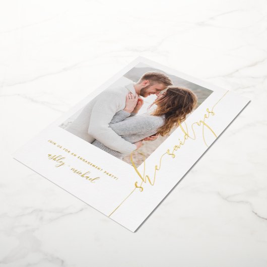 Invitation En Aluminium Moderne Elle Dit Oui Engagement Partie Or (Rotation)