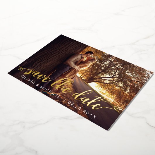 Invitation En Aluminium Moderne Enregistrer la date Or photo manuscrite ma (Rotation)