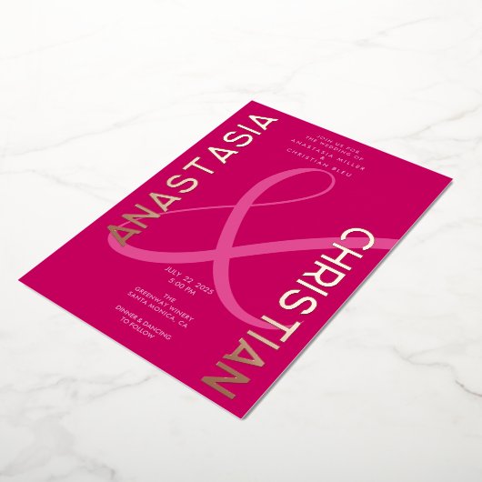 Invitation En Aluminium Moderne et Gras Mariage Magenta (Rotation)