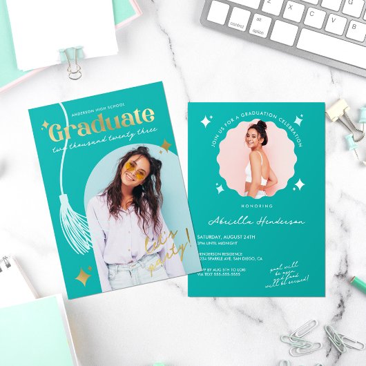 Invitation En Aluminium Moderne et rétro Turquoise Sparkle Graduation Foil