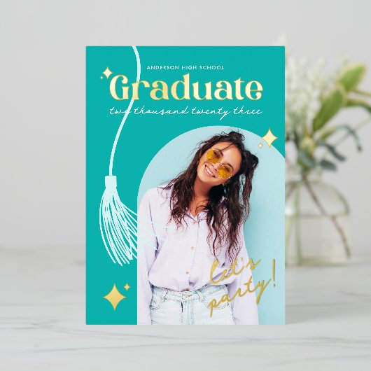 Invitation En Aluminium Moderne et rétro Turquoise Sparkle Graduation Foil (Debout devant)