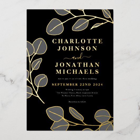 Invitation En Aluminium Moderne feuilles simples noir gris or (Recto)