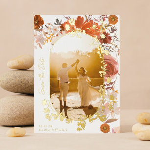 Invitation En Aluminium Moderne Fleur Ovale Photo Enregistrer La Date Or