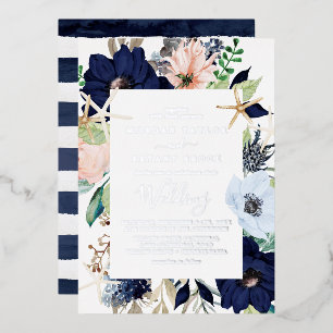 Invitation En Aluminium Moderne Floral NaVal Mariage Argenté à Feuille