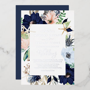 Invitation En Aluminium Moderne Floral NaVal Mariage Navy Argenté en Feu
