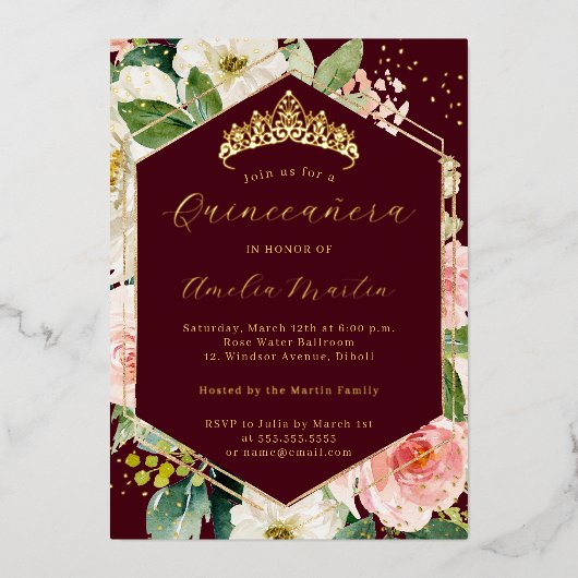 Invitation En Aluminium Moderne Geo Bourgogne Blush Floral Quinceanera (Recto)