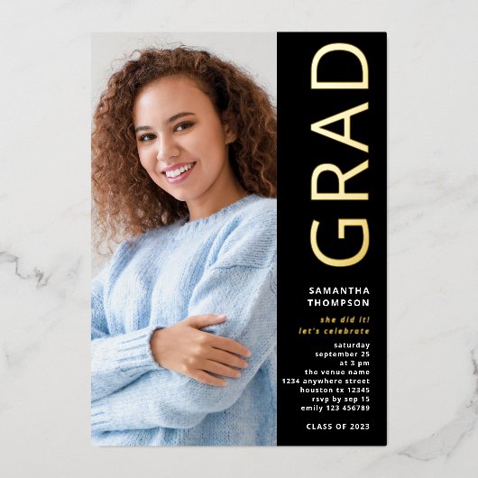Invitation En Aluminium Moderne Grad 2025 Photo Graduation Black Gold Real (Recto)