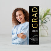 Invitation En Aluminium Moderne Grad 2025 Photo Graduation Black Gold Real (Debout devant)