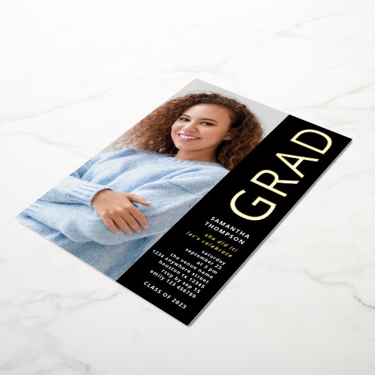 Invitation En Aluminium Moderne Grad 2025 Photo Graduation Black Gold Real (Rotation)