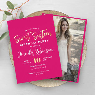 Invitation En Aluminium Moderne Hot rose or photo Sweet 16 Seteen