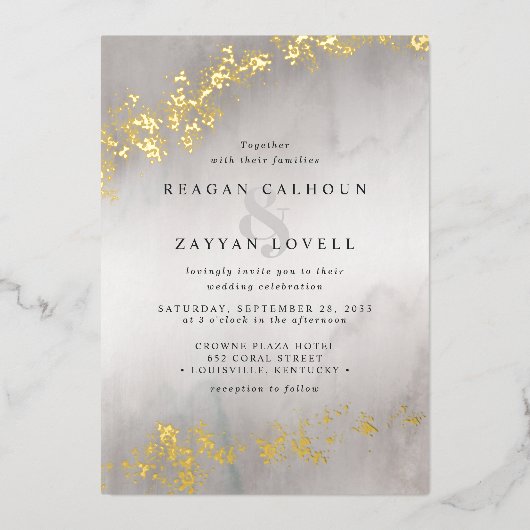 Invitation En Aluminium Moderne Luxe Gold Flecks Gris Aquarelle Mariage (Recto)