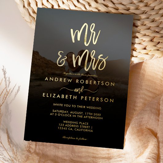 Invitation En Aluminium Moderne M. Mrs script simple photo mariage or