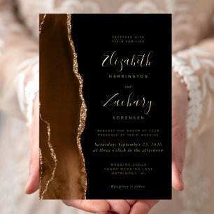 Invitation En Aluminium Moderne Mariage Marron Mocha Agate Noir Or