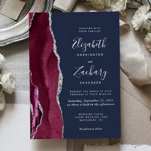 Invitation En Aluminium Moderne mariage rouge Bourgogne argent agate bleu