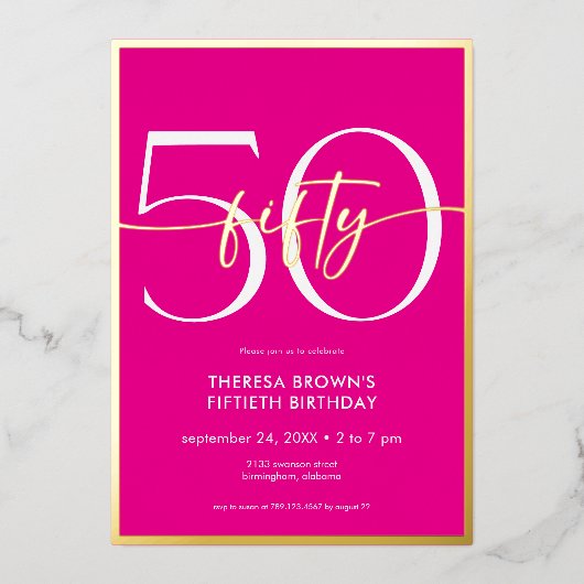 Invitation En Aluminium Moderne Mini Rose Cinquante Script Anniversaire (Recto)