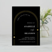 Invitation En Aluminium Moderne Minimal Boho Arche & Photo Simple Noir Or (Debout devant)