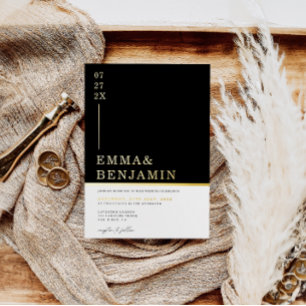 Invitation En Aluminium Moderne & Minimaliste Noir   Mariage Blanc Or 